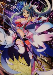 Rule 34 | 1girl, black hair, blue eyes, blush, breasts, cleavage, elbow gloves, feathers, fire emblem, fire emblem cipher, gauntlets, gloves, hair ornament, highres, kurosawa tetsu, large breasts, long hair, looking at viewer, nintendo, open mouth, oribe tsubasa, polearm, ponytail, shorts, smile, solo, spear, thighhighs, tokyo mirage sessions fe, very long hair, weapon