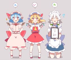 Rule 34 | 3girls, 60mai, :d, ^ ^, apron, ascot, back bow, bat wings, blonde hair, blue dress, blue hair, boots, bow, braid, brooch, closed eyes, commentary request, crystal, dress, facing viewer, fang, flandre scarlet, frilled apron, frills, full body, green bow, grey background, grin, hair between eyes, hair bow, hands on own hips, hat, hat ribbon, holding, holding sign, izayoi sakuya, jewelry, kneeling, looking at viewer, maid, maid apron, maid headdress, mob cap, multiple girls, one side up, open mouth, petticoat, pink dress, pink footwear, pink headwear, puffy short sleeves, puffy sleeves, real life, red eyes, red footwear, red ribbon, red skirt, red vest, remilia scarlet, ribbon, shadow, shirt, shoes, short hair, short sleeves, sign, silver hair, simple background, skirt, skirt set, smile, socks, sparkle, standing, thighs, touhou, translation request, twin braids, vest, waist apron, white apron, white headwear, white legwear, white shirt, wings, yellow ascot