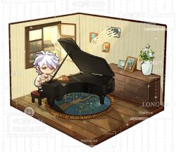 1boy apple basket chest_of_drawers chibi chinese_commentary closed_mouth commentary_request commission dollhouse_view flower food fruit grand_piano grey_shirt indoors instrument long_sleeves male_focus multicolored_hair music open_window painting_(object) piano picture_frame pink_hair playing_instrument playing_piano purple_hair red_eyes rug saibou_shinkyoku second-party_source shirt short_hair sitting solo theodore_riddle too_many_watermarks tsubasa542 two-tone_hair variant_set vase wallpaper_(object) watermark white_flower window wooden_floor