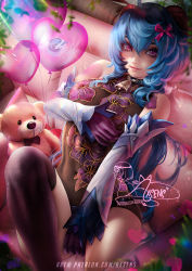 Rule 34 | 1girl, artist name, axsen, balloon, banned artist, bare shoulders, bell, black leotard, black thighhighs, blue hair, bodysuit, bow, bowtie, breast hold, breasts, commentary, crossed bangs, detached sleeves, english commentary, eyebrows hidden by hair, fantasy, floral print, ganyu (genshin impact), genshin impact, gloves, goat girl, goat horns, gold trim, hair between eyes, hair ribbon, heart, heart-shaped pupils, heart balloon, highres, horns, knee up, leaf, leg up, leotard, long hair, looking at viewer, neck bell, parted lips, patreon username, pink eyes, pink lips, plant, purple gloves, rainbow gradient, ribbon, sidelocks, signature, sitting, smile, solo, stuffed animal, stuffed toy, symbol-shaped pupils, teddy bear, thighhighs