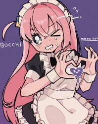 Rule 34 | &gt; o, 1girl, apron, artist name, black dress, blue eyes, blush, bocchi the rock!, character name, commentary, cowboy shot, cube hair ornament, dress, frilled apron, frilled dress, frills, gotoh hitori, hair between eyes, hair ornament, heart, heart hands, highres, long hair, looking at viewer, maid, maid apron, maid headdress, mayoi zzz, one eye closed, one side up, open mouth, pink hair, puffy short sleeves, puffy sleeves, purple background, short sleeves, sidelocks, solo, sweat, very long hair, white apron, white wrist cuffs, wrist cuffs