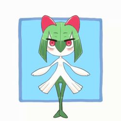 Rule 34 | 1girl, animated, bags under eyes, blinking, blue background, blush, border, closed mouth, colored skin, creatures (company), female focus, flat chest, full body, game freak, gen 3 pokemon, green hair, green skin, hair between eyes, happy, ino (tellu0120), jumping, kirlia, looking at viewer, looping animation, multicolored skin, nintendo, outside border, outstretched arms, pokemon, pokemon (creature), red eyes, short hair, simple background, smile, solo, spinning, standing, straight-on, two-tone skin, white border, white skin