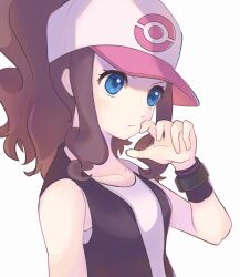 Rule 34 | 1girl, absurdres, baseball cap, black vest, blue eyes, brown hair, closed mouth, commentary request, creatures (company), expressionless, eyelashes, game freak, hand up, hat, high ponytail, highres, hilda (pokemon), long hair, nintendo, pokemon, pokemon bw, ryusa (gjgd7445), shirt, sidelocks, simple background, sleeveless, sleeveless shirt, solo, upper body, vest, white background, white hat, white shirt, wristband