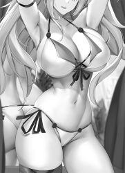 Rule 34 | 1girl, arms up, bikini, breasts, freya (seventh star), greyscale, head out of frame, highres, large breasts, long hair, monochrome, navel, open mouth, reflection, seventh star, side-tie bikini bottom, smile, swimsuit, tony guisado