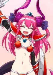 Rule 34 | 1girl, :d, ^ ^, arm up, armor, bikini, bikini armor, black gloves, black ribbon, blush, closed eyes, collar, curled horns, elbow gloves, elizabeth bathory (brave) (fate), elizabeth bathory (fate), facing viewer, fangs, fate/grand order, fate (series), gloves, gradient background, hair ribbon, head tilt, highres, holding, holding shield, horns, long hair, long sleeves, navel, open mouth, orange background, pauldrons, pointy ears, puyo (puyotopia), red bikini, ribbon, shield, shoulder armor, sidelocks, smile, solo, stomach, swimsuit, tiara, two side up, upper body, vambraces