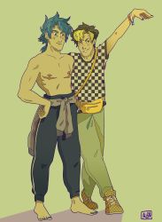 Rule 34 | 2boys, absurdres, alba (alba rte), aqua eyes, arm up, artist name, bag, barefoot, blonde hair, blue-haired boy (how to draw manga), blue hair, blue nails, blue pants, blush, bracelet, brown footwear, brown hair, checkered clothes, checkered footwear, checkered shirt, closed mouth, clothes around waist, collarbone, earrings, fanny pack, full body, green background, green eyes, green pants, grey sweater, grin, hand on own hip, happy, heel up, highres, how to draw manga, jewelry, jpeg artifacts, looking at another, looking at viewer, male focus, medium hair, multicolored hair, multiple boys, nail polish, nipples, one eye closed, pants, ponytail, shirt, short sleeves, shoulder bag, sidelocks, signature, simple background, smile, standing, sweater, sweater around waist, teeth, topless male, track pants, two-tone-haired boy (how to draw manga), two-tone hair, unmoving pattern, wink, yaoi
