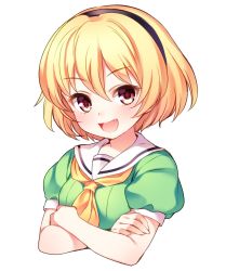 Rule 34 | 1girl, :d, blonde hair, crossed arms, fang, green shirt, head tilt, higurashi no naku koro ni, houjou satoko, looking at viewer, neckerchief, open mouth, puffy short sleeves, puffy sleeves, red eyes, sailor collar, shirt, short hair, short sleeves, shouni (sato3), simple background, smile, solo, upper body, white background, yellow neckerchief