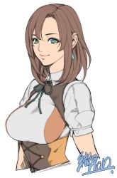 Rule 34 | 1girl, absurdres, artist name, bow, bowtie, breasts, brown hair, earrings, green eyes, highres, jewelry, lips, long hair, medium breasts, metal max, metal max xeno, oda non, official art, short sleeves, signature, simple background, smile, solo, upper body, white background