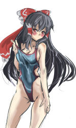 Rule 34 | 1girl, black hair, blush, breasts, cleavage, clothes pull, collarbone, competition swimsuit, hair tubes, hakurei reimu, hey taisyou, highres, large breasts, long hair, one-piece swimsuit, one-piece swimsuit pull, red eyes, sketch, solo, strap pull, swimsuit, touhou, very long hair