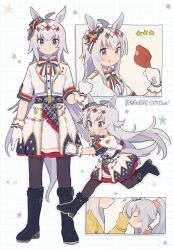 Rule 34 | 2girls, ahoge, black footwear, black pantyhose, blue eyes, boots, bow, bowtie, brooch, clenched hand, closed eyes, closed mouth, comic, commentary, cropped jacket, dress, ear ornament, food, food on face, gloves, grey hair, hair ornament, headpat, high collar, highres, holding, holding food, jacket, jewelry, long hair, looking at viewer, medium dress, multiple girls, official alternate costume, oguri cap (miraculous white star) (umamusume), oguri cap (umamusume), open mouth, out of frame, pantyhose, ponytail, running, short sleeves, silent comic, smile, standing, star (symbol), symbol-only commentary, translated, umamusume, white dress, white gloves, white jacket, yo sd99