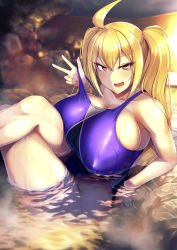 Rule 34 | 1girl, ahoge, blonde hair, blue one-piece swimsuit, blush, borrowed character, breasts, competition swimsuit, covered erect nipples, crossed legs, elbow rest, fang, hair between eyes, hassen (8cm), huge breasts, long hair, looking at viewer, night, one-piece swimsuit, onsen, open mouth, original, partially submerged, reclining, saaya (kirome), smile, solo, steam, swimsuit, swimsuit tug, twintails, virtual youtuber, wet
