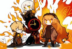 Rule 34 | 1boy, 1other, 2girls, aislan, antennae, black coat, blonde hair, book, boots, brown dress, brown footwear, brown hairband, burning paper, chibi, clock, closed eyes, coat, commentary, dante (limbus company), dress, e.g.o (project moon), extra eyes, faust (project moon), fiery wings, fire, hairband, headpat, holding, holding book, ishmael (project moon), jacket, kneeling, limbus company, long hair, multiple girls, object head, orange eyes, orange hair, orange jacket, paper, project moon, red coat, short hair, simple background, sinclair (project moon), sitting, standing, symbol-only commentary, very long hair, white background, white hair, wings