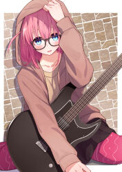 Rule 34 | 1girl, absurdres, arm support, bespectacled, black skirt, blue eyes, blush, bocchi the rock!, border, brown cardigan, cardigan, collarbone, commentary, electric guitar, feet out of frame, glasses, gotoh hitori, guitar, hair between eyes, highres, hood, hood up, instrument, long hair, long sleeves, looking at viewer, one side up, open cardigan, open clothes, open mouth, pantyhose, pink hair, pink pantyhose, pleated skirt, puffy sleeves, shadow, shirt, sitting, skirt, solo, tamago sando, wariza, white border, yellow shirt