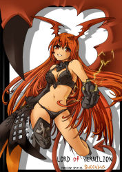 Rule 34 | 1girl, asymmetrical clothes, bare shoulders, breasts, cleavage, demon girl, elbow gloves, female focus, full body, gloves, jumping, kuroboshi roki, long hair, lord of vermilion, midriff, navel, pointy ears, red eyes, red hair, single thighhigh, single wing, smile, solo, demon girl, succubus (lord of vermilion), tail, thighhighs, white background, wings