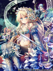 Rule 34 | 3girls, aqua eyes, armor, armored boots, bad id, bad nicoseiga id, bikini armor, blonde hair, blush, boots, breasts, closed eyes, detached sleeves, fairy, female focus, flower, flying, full body, gauntlets, greaves, hair flower, hair ornament, headband, holding, jewelry, knee boots, long hair, looking at viewer, lots of jewelry, midriff, mini person, minigirl, multiple girls, nature, navel, plant, see-through, seiten ragnarok, sitting, stomach, sword, tareme, thighhighs, transparent, very long hair, weapon, yamadori yoshitomo