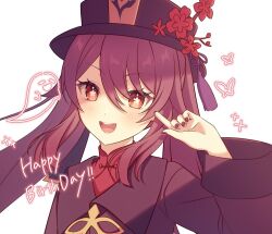 Rule 34 | 1girl, :d, black hat, black nails, blush, boo tao (genshin impact), bright pupils, brown coat, brown hair, coat, commentary request, flower, flower-shaped pupils, genshin impact, happy birthday, hat, hat flower, hat tassel, hu tao (genshin impact), long sleeves, looking at viewer, open mouth, orange eyes, pochimaru (marumaru wanwan), portrait, red shirt, shirt, simple background, smile, solo, symbol-shaped pupils, twintails, white background, white pupils