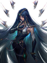Rule 34 | 1girl, absurdly long hair, absurdres, black gloves, blade, blue hair, bracelet, breasts, cleavage, closed eyes, collarbone, commentary, elbow gloves, english commentary, fingerless gloves, floating hair, gem, gloves, green gemstone, hair ornament, hand on own chest, haotian gruru, highres, irelia, jewelry, league of legends, light, long hair, medium breasts, multiple swords, parted bangs, pink lips, sentinel (league of legends), sentinel irelia, sidelocks, simple background, solo, standing, thighs, v-shaped eyebrows, very long hair, white background