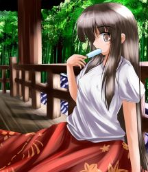 Rule 34 | 1girl, bamboo, bamboo forest, black hair, breasts, brown eyes, covered erect nipples, female focus, food, food in mouth, forest, houraisan kaguya, long hair, medium breasts, nature, popsicle, sexually suggestive, shirt, sitting, skirt, solo, t-shirt, touhou, tsuzuri (tuzuri), very long hair, white shirt