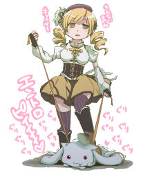 Rule 34 | 10s, 1girl, :3, beret, blonde hair, boots, bound, breasts, corset, detached sleeves, drill hair, es (eisis), fingerless gloves, gloves, hair ornament, hat, kyubey, large breasts, magical girl, mahou shoujo madoka magica, mahou shoujo madoka magica (anime), motion blur, pleated skirt, ribbon, saliva, samedays-dreamers, shirt, skirt, striped clothes, striped thighhighs, taut clothes, taut shirt, thighhighs, tied up (nonsexual), tomoe mami, translation request, trembling, vertical-striped clothes, vertical-striped thighhighs, yellow eyes, zettai ryouiki