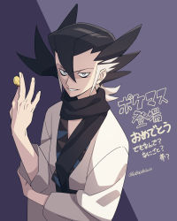 Rule 34 | 1boy, black hair, black scarf, coin, commentary request, copyright name, creatures (company), game freak, grey eyes, grey hair, grimsley (pokemon), hair between eyes, hand up, holding, holding coin, looking at viewer, male focus, momoji (lobolobo2010), multicolored hair, nintendo, parted lips, pokemon, pokemon sm, scarf, smile, solo, spiked hair, translation request, twitter username, two-tone hair, upper body