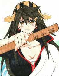 Rule 34 | 1girl, absurdres, black hair, black kimono, blush stickers, bokken, breasts, brown eyes, cleavage, closed mouth, collarbone, commentary request, cosplay, gintama, hadanugi dousa, hair between eyes, haruna (kancolle), headgear, highres, holding, holding sword, holding weapon, japanese clothes, kantai collection, kimono, long hair, looking at viewer, marker (medium), medium breasts, mehonobu g, open clothes, open kimono, sakata gintoki, sakata gintoki (cosplay), sarashi, smile, solo, sword, traditional media, upper body, weapon, white background, white kimono, wooden sword