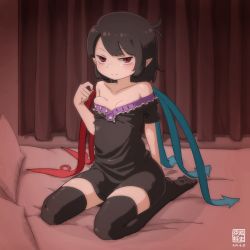 Rule 34 | 1girl, ahoge, arm behind back, asymmetrical wings, bare shoulders, bed sheet, black dress, black hair, black thighhighs, blush, breasts, closed mouth, collarbone, curtains, dress, eyebrows, full body, hand up, highres, houjuu nue, indoors, kani onigiri (shottare), looking at viewer, no shoes, off shoulder, on bed, pillow, pointy ears, red eyes, seiza, short dress, short hair, short sleeves, sitting, small breasts, smile, solo, thighhighs, touhou, wings