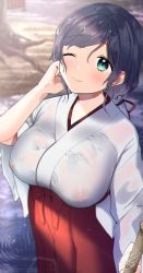 Rule 34 | 1girl, aqua eyes, blurry, breasts, character name, covered erect nipples, depth of field, from above, hakama, hakama short skirt, hakama skirt, hand on own cheek, hand on own face, highres, japanese clothes, kazepana, kimono, large breasts, long hair, love live!, love live! school idol project, low twintails, miko, nipples, no bra, one eye closed, parted bangs, purple hair, red hakama, see-through, skirt, smile, solo, tojo nozomi, twintails, wet, wet clothes, wet hair, white kimono, wide sleeves