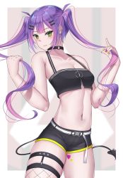 Rule 34 | 1girl, badge, barbell piercing, bare arms, belt, black choker, black shorts, blunt bangs, blush, breasts, button badge, choker, cleavage, collarbone, crop top, demon tail, ear piercing, fishnet thighhighs, fishnets, grabbing, green eyes, hand in hairlong hair, hand in own hair, heart, heart tattoo, highres, himeliofon, hololive, industrial piercing, long hair, looking at viewer, multicolored hair, nail polish, navel, navel piercing, o-ring, o-ring choker, piercing, shorts, sidelocks, single thighhigh, sleeveless, small breasts, smile, solo, tail, tattoo, thigh strap, thighhighs, tokoyami towa, twintails, two-tone hair, very long hair, virtual youtuber