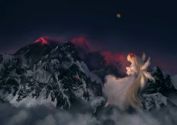 Rule 34 | 1girl, archlich, bad id, bad pixiv id, blonde hair, female focus, lily white, long hair, moon, mountain, nature, night, scenery, snow, solo, touhou, volcano, wings