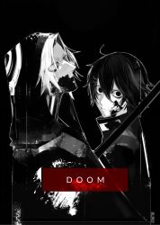Rule 34 | 2boys, androgynous, black background, black eyes, black hair, blood, blood on clothes, blood on face, blood splatter, cloak, coat, ghoul, hair ornament, hairclip, highres, holding, holding weapon, hood, jacket, looking at viewer, male focus, monochrome, multiple boys, roman numeral, scythe, short hair, simple background, sliklll, spoilers, stitched face, stitches, suzuya juuzou, takizawa seidou, tokyo ghoul, tokyo ghoul:re, turtleneck, weapon, white hair, x hair ornament