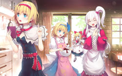 Rule 34 | 4girls, :d, ^ ^, alice margatroid, alice margatroid (pc-98), apron, blonde hair, blue eyes, blush, breasts, cabinet, capelet, chair, chocolate, chocolate making, cleavage, closed eyes, culter, curtains, door, dress, dual persona, eyelashes, frying pan, hair bobbles, hair ornament, hairband, highres, index finger raised, kitchen, long hair, long sleeves, medium breasts, mini person, minigirl, mixing bowl, multiple girls, one side up, open mouth, own hands together, pantyhose, pink apron, pointing, pointing up, ribbon, shanghai doll, shinki (touhou), short hair, short sleeves, side ponytail, silver hair, sliding doors, smile, spatula, sweatdrop, table, time paradox, touhou, touhou (pc-98), wallpaper, window