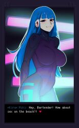 Rule 34 | 1girl, absurdres, android, arms behind back, blue hair, breasts, cowboy shot, english text, heart, highres, kira miki, large breasts, long hair, looking at viewer, parted lips, puk (higanbana doujin), red eyes, smile, solo, teeth, va-11 hall-a