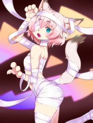 Rule 34 | 1girl, :o, animal ears, artist request, bandage over one eye, bandages, blue eyes, body fur, claw pose, fang, female focus, fox ears, fox tail, furry, furry female, halloween, highres, indie virtual youtuber, mummy costume, open mouth, pink hair, short hair, skin fang, solo, tail