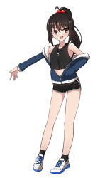 Rule 34 | 1girl, :d, black camisole, black hair, black shorts, black socks, blue jacket, blush, breasts, brown eyes, brown hair, camisole, crop top, fang, full body, hair between eyes, hair bobbles, hair ornament, high ponytail, highres, jacket, long hair, long sleeves, looking at viewer, multicolored hair, nanju bami, navel, off shoulder, open clothes, open jacket, open mouth, original, ponytail, shoes, short shorts, shorts, sidelocks, simple background, small breasts, smile, socks, solo, standing, streaked hair, v-shaped eyebrows, white background, white footwear
