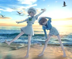 Rule 34 | 2girls, bang dream!, bang dream! it&#039;s mygo!!!!!, barefoot, beach, bird, blue bow, blue eyes, blue neckerchief, blue shirt, bow, bowtie, dress, green bow, green bowtie, grey hair, hand on own leg, hat, hat bow, heterochromia, highres, jacha gam, kaname raana, layered sleeves, long sleeves, looking at viewer, multiple girls, neckerchief, ocean, official alternate hairstyle, open mouth, outdoors, outstretched arms, parted lips, red eyes, shirt, short over long sleeves, short sleeves, short twintails, smile, standing, standing on one leg, sunset, takamatsu tomori, toes, twintails, white dress, white hair, white hat, white shirt, yellow eyes