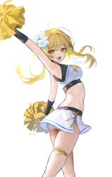 Rule 34 | 1girl, :d, absurdres, arm up, armpits, ass, bare arms, blonde hair, breasts, cheerleader, cowboy shot, crop top, flower, genshin impact, grey panties, hair flower, hair ornament, highres, holding, holding pom poms, large breasts, long hair, looking at viewer, lumine (genshin impact), midriff, miniskirt, open mouth, panties, pom pom (cheerleading), pom poms, rity, simple background, skirt, smile, solo, standing, thigh strap, thighs, underwear, white background, white flower, white skirt, yellow eyes