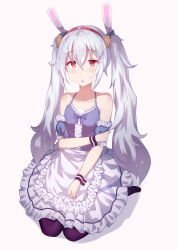 Rule 34 | 1girl, :o, absurdres, animal ears, apron, arm grab, azur lane, bare shoulders, black pantyhose, blue camisole, blush, camisole, collarbone, commentary request, detached sleeves, frilled apron, frilled skirt, frills, hair between eyes, hair ornament, hairband, highres, laffey (azur lane), long hair, nagisa (cxcx5235), pantyhose, parted lips, pink background, pleated skirt, puffy short sleeves, puffy sleeves, rabbit ears, red eyes, red hairband, short sleeves, silver hair, simple background, sitting, skirt, solo, twintails, very long hair, waist apron, wariza, white apron, white skirt, wrist cuffs