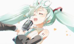 Rule 34 | 1girl, aqua hair, bare shoulders, black sleeves, blue neckwear, blush, closed eyes, collared shirt, commentary request, hatsune miku, holding, holding microphone, long hair, long sleeves, microphone, naruse chisato, open mouth, outstretched arm, shirt, simple background, sleeveless, sleeveless shirt, solo, tears, teeth, twintails, upper teeth only, vocaloid, white background, white shirt, wide sleeves