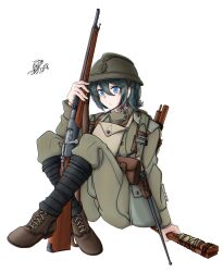 Rule 34 | :/, absurdres, adrian helmet, ammunition pouch, bayonet, belt pouch, between legs, blue eyes, blue hair, bolt action, boots, combat helmet, combat webbing, cross-laced footwear, crossed legs, emblem, epaulettes, explosive, expressionless, french army, grenade, gun, gun sling, helmet, high collar, highres, holding, holding grenade, holding gun, holding weapon, imperial insignia, insignia, lace-up boots, leather, leather boots, leather strap, lebel model 1886, load bearing equipment, long sleeves, looking afar, military, mmmn540d88, original, pants, pouch, puttee, rifle, russia, russian army, russian empire, shirt, signature, simple background, soldier, stick grenade, suspenders, two-headed eagle, weapon, white background, white shirt, world war i