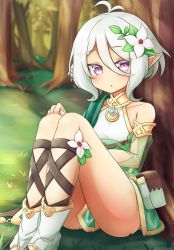 Rule 34 | 1girl, :o, against tree, antenna hair, bare shoulders, detached sleeves, feet out of frame, flat chest, flower, forest, grass, hair between eyes, hair flower, hair ornament, highres, klaius, kokkoro (princess connect!), legs together, looking at viewer, nature, parted lips, pointy ears, pouch, princess connect!, purple eyes, sandals, see-through, see-through sleeves, sitting, solo, thighs, tree, white flower, white hair