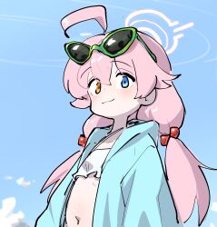 Rule 34 | 1girl, absurdres, alien sunglasses, antenna hair, blue archive, blue eyes, blush, halo, heterochromia, highres, hoshino (blue archive), hoshino (swimsuit) (blue archive), looking at viewer, nangnangnang, navel, pink hair, pink halo, solo, yellow eyes