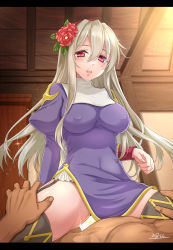 Rule 34 | 1boy, 1girl, 20nigu, black thighhighs, blonde hair, blush, breasts, commentary request, covered erect nipples, dress, feet out of frame, flower, garter straps, habit, hair between eyes, hair flower, hair ornament, hand on another&#039;s thigh, indoors, juliet sleeves, large breasts, letterboxed, long hair, long sleeves, looking to the side, open mouth, paid reward available, priest (ragnarok online), puffy sleeves, purple dress, ragnarok online, red eyes, red flower, shiny skin, signature, solo focus, thighhighs