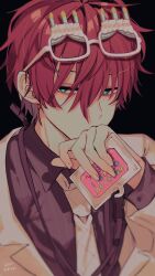 Rule 34 | 1boy, absurdres, bags under eyes, black background, black shirt, c asca, coat, collared shirt, covering own mouth, eyewear on head, glowing, glowing eyes, hair between eyes, hand to own mouth, highres, hypnosis mic, kannonzaka doppo, long sleeves, looking at viewer, male focus, necktie, red hair, shirt, short hair, simple background, twitter username, white coat, white necktie