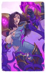 1girl absurdres black_gloves bodysuit boots border breasts facial_mark gloves highres kai&#039;sa league_of_legends long_hair manapotion_art medium_breasts navel nipples purple_eyes purple_hair pussy signature tentacles thigh_boots torn_bodysuit torn_clothes white_border