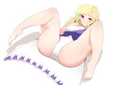 Rule 34 | 1girl, absurdres, alternate eye color, barefoot, blonde hair, blush, breasts, buttons, coat, commentary request, covered navel, highleg, highleg leotard, highres, kaisenpurin, knees, large breasts, leotard, long hair, lying, m legs, on back, red eyes, shadow, shiny skin, sidelocks, silent sinner in blue, single strap, sleeveless, sleeveless coat, smile, solo, spread legs, thighs, toenails, touhou, touhou bougetsushou, watatsuki no toyohime, white leotard