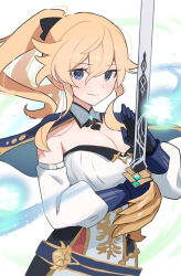 Rule 34 | 1girl, blonde hair, blue capelet, blue eyes, breasts, capelet, cleavage, closed mouth, detached sleeves, dress, enipa 28, genshin impact, gloves, hair between eyes, highres, holding, holding sword, holding weapon, jean (genshin impact), long hair, looking at viewer, ponytail, smile, solo, sword, upper body, weapon, white dress