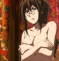 Rule 34 | 10s, 1girl, breasts, brown hair, cleavage, covering privates, covering breasts, female focus, fuuun ishin dai shogun, glasses, green eyes, hattori kiriko, highres, large breasts, lips, lipstick, long hair, makeup, pink lips, screencap, solo, standing, stitched, third-party edit, topless, very long hair