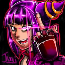 Rule 34 | 1girl, armor, black hair, capcom, drill hair, fingerless gloves, gloves, glowing, glowing eye, han juri, highres, japanese armor, kote, middle finger, nakata shi, portrait, purple eyes, short hair, solo, street fighter, street fighter iv (series), twin drills, twintails