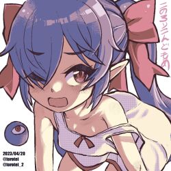 Rule 34 | 1girl, artist name, backbeako (torotei), backbeard, bent over, blush, breasts, commentary, dated, dress, eyes visible through hair, gegege no kitarou, hair over one eye, hair ribbon, kono lolicon domome, long hair, looking at viewer, off shoulder, one eye closed, open mouth, original, pointy ears, purple hair, red ribbon, ribbon, simple background, sleeveless, sleeveless dress, small breasts, solo, torotei, translated, twintails, twitter username, white background, white dress