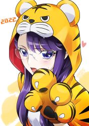 Rule 34 | 1girl, 2022, animal print, commentary request, eyelashes, glasses, heartcatch precure!, highres, hood, light blush, long hair, looking at viewer, open mouth, precure, purple eyes, purple hair, sketch, solo, tiger print, tsukikage oyama, tsukikage yuri